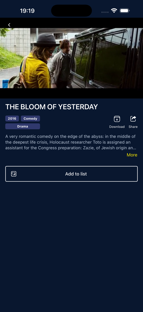 LOKTV: Video Player HD - Movie detail screen in LOKTV Video Player HD app showing title description and download button