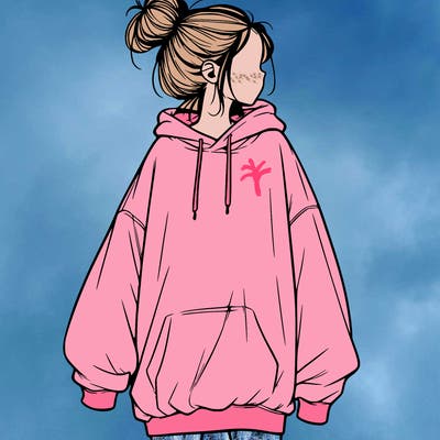 realistic girl with a oversized sweatshirt on and a bun