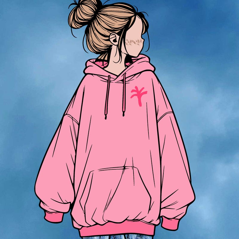 realistic girl with a oversized sweatshirt on and a bun