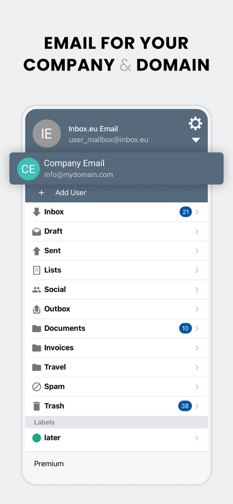 inbox.eu - Inbox.eu app interface showing business email management and custom domain support