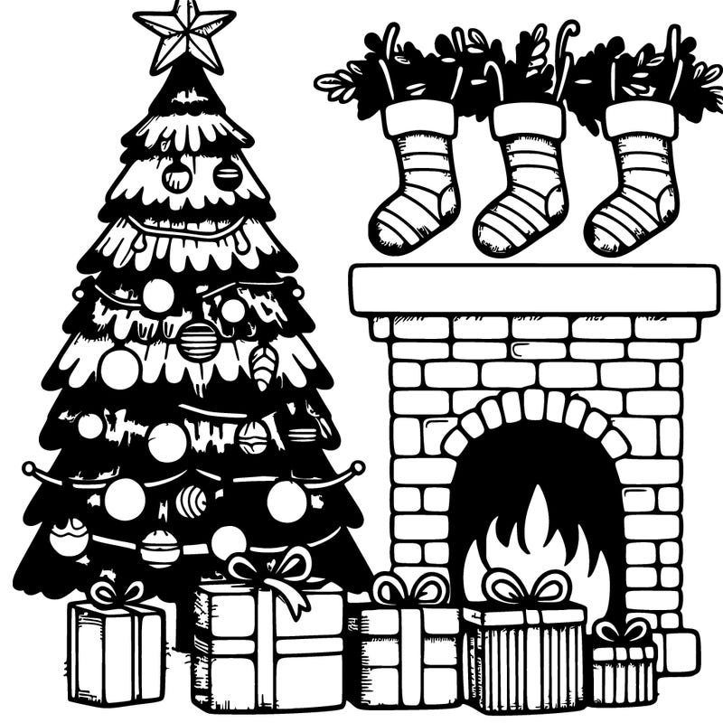 a christmas tree with ornaments and a big star on top of the tree and gifts underneath the tree and next to the tree is a chimney thing and there are stockings with random names on it.