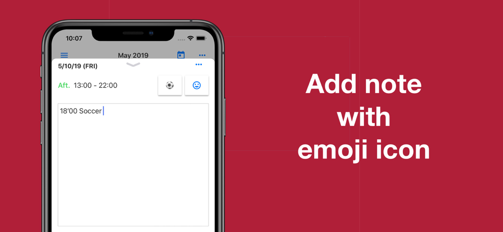 Shift Work Calendar Planner - Shift work calendar app interface showing a note with a soccer ball emoji icon