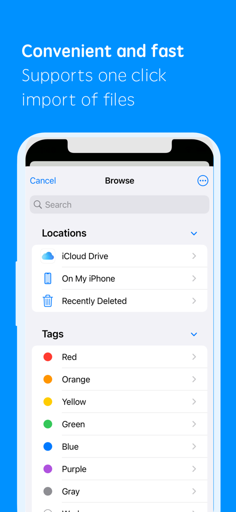 RPGViewer - RPGViewer mobile app interface showing the file import screen with iCloud and local storage options