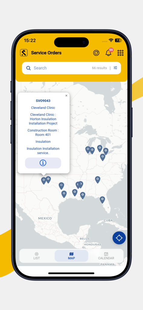 Shepherd CMMS app displaying service orders on a map view