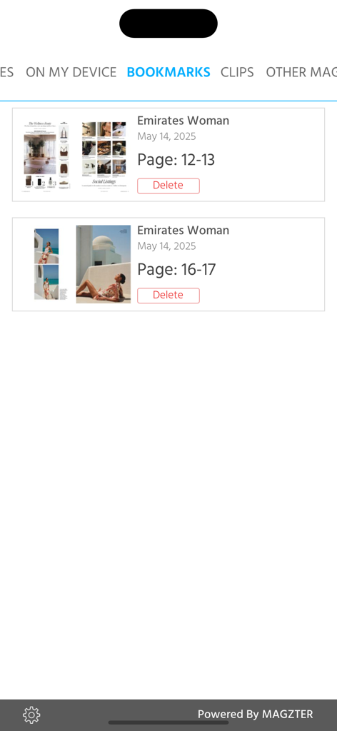 Emirates Woman - Emirates Woman app bookmarks screen showing saved magazine pages