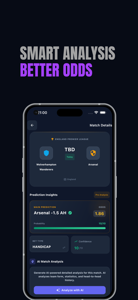 Mobile app screen showing AI analysis and expert betting tips for a Premier League soccer match