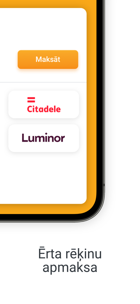 Elektrum Latvija - Zahlungsschnittstelle der Elektrum Latvija App mit den Bankoptionen Citadele und Luminor für die Rechnungszahlung