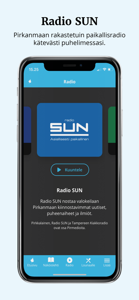 Pirkkalainen-lehtiモバイルアプリ内のRadio SUN統合を表示するスマートフォンの画面