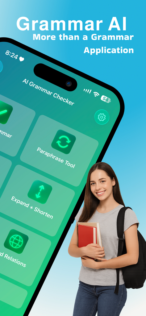 Grammar AI Checker-Correctify - Una estudiante universitaria con libros junto a un teléfono inteligente que muestra el panel de la aplicación Grammar AI con herramientas de escritura