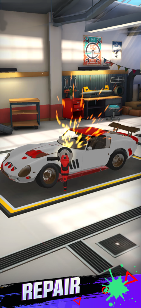 Royal Car Customs - A classic sports car being repaired with tools and sparks in a garage workshop