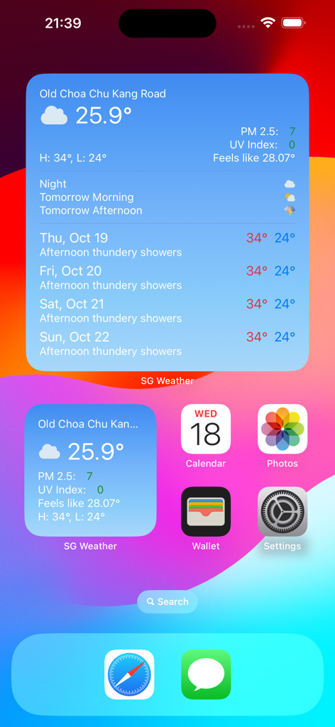 SG Weather Application - SG Weather Application widgets on an iPhone home screen showing local Singapore weather and forecast.