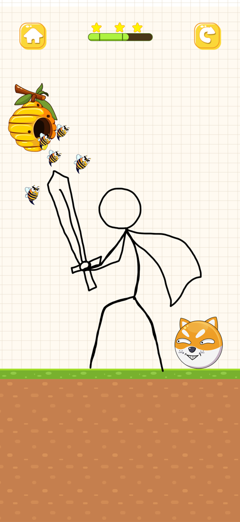 Save The Doge: Rescue Dog Game - A hand drawn stick figure warrior protecting a Doge from bees in a puzzle game
