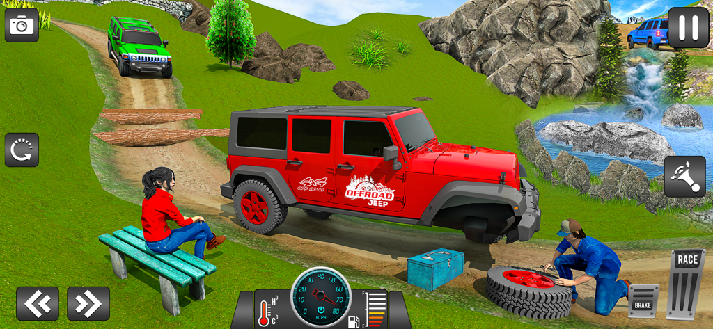 Desert Hill Jeep Simulator 4x4 - A red 4x4 jeep being repaired by a mechanic in a lush mountain landscape during gameplay of a simulator app.