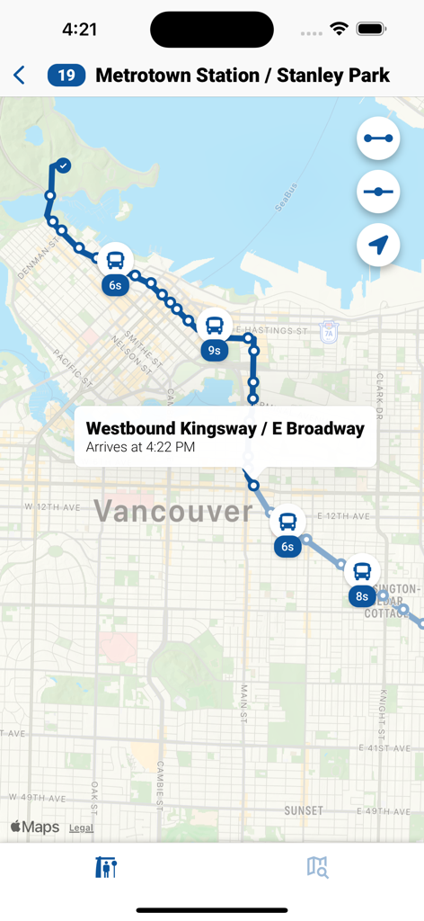 Vancouver Transit (TL) - Map view of the Vancouver Transit app showing live bus locations and arrival times for route 19
