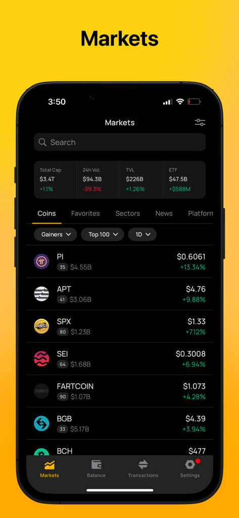 アンストッパブル・クリプトウォレットの市場ダッシュボード。仮想通貨の価格動向と市場データを表示。
