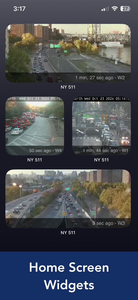 Home screen widgets showing live NY 511 traffic camera feeds
