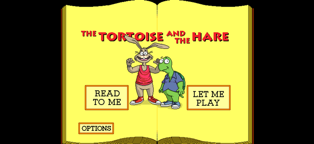 Hauptmenü des interaktiven Bilderbuch-Apps Hase und Igel mit den Optionen Lesen und Spielen