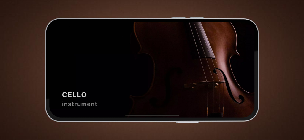 Cello Instrument Tuner - Smartphone screen displaying the launch interface of the Cello Instrument app featuring a close up of a cello