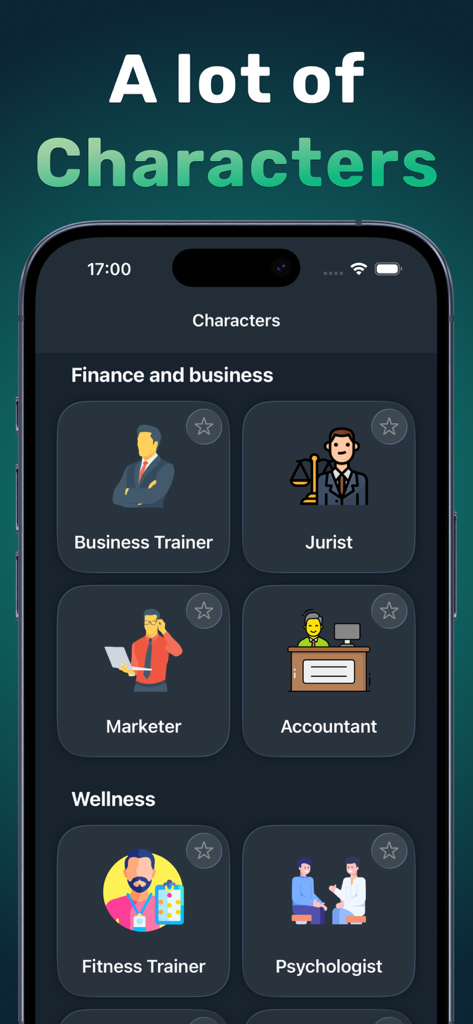 Xenova AI app interface showing specialized chat characters including Business Trainer Jurist Marketer and Fitness Trainer
