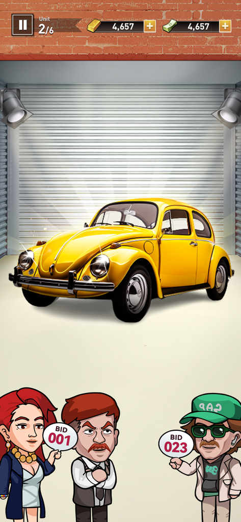 Bid Master - A yellow vintage car in a storage unit with characters holding bidding paddles in the Bid Master mobile game.