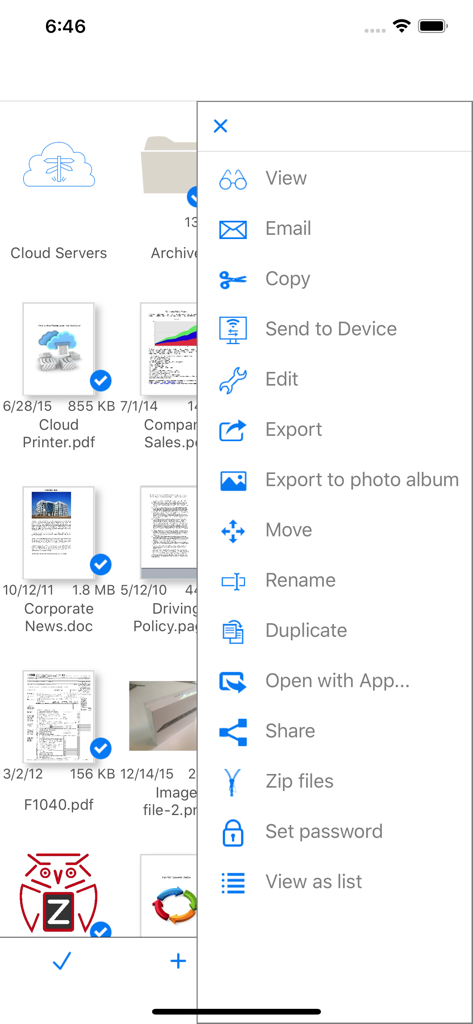 Screenshot der FileCentral App auf dem iPhone, der ein Dateiverwaltungsmenü mit Optionen zum Anzeigen, Kopieren per E-Mail, Senden an Gerät, Bearbeiten und Zippen von Dateien zeigt