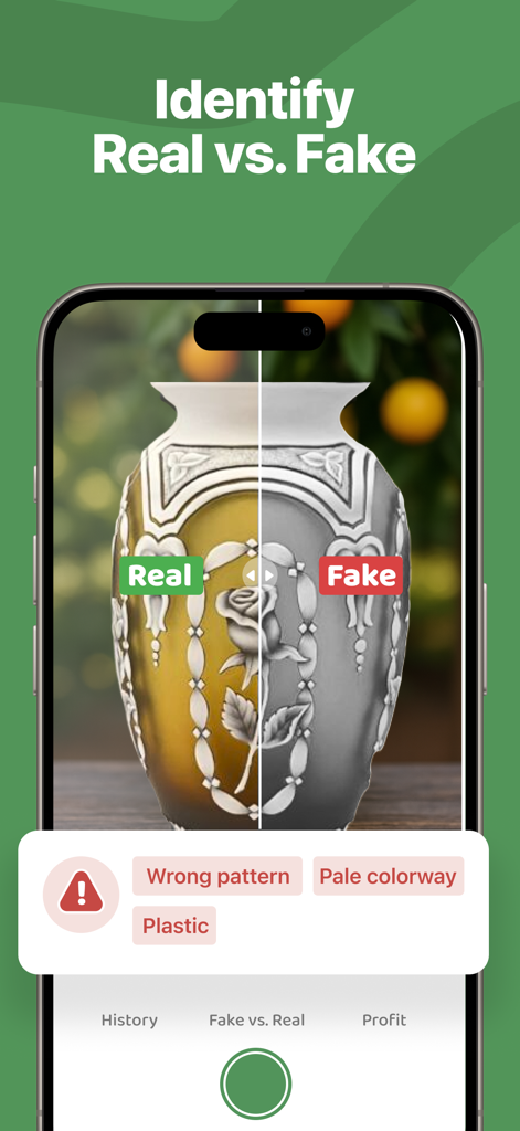 ThriftAI mobile app interface comparing a real and fake antique vase side by side using AI analysis.