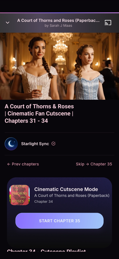 Ambient Books: Video Novels - Ambient Books app interface showing a cinematic fan cutscene for A Court of Thorns and Roses synced to specific chapters.