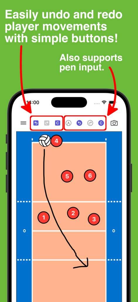 Volleyball coaching board app with undo and redo buttons for player movements and tactical drawing tools