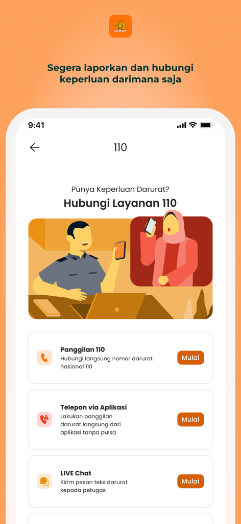 Super App Polri - Emergency contact screen in Super App Polri showing options for 110 emergency calls and live chat with police