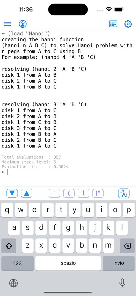 My Lisp - iPhone의 My Lisp 인터프리터에서 하노이 탑 재귀 알고리즘을 실행합니다.