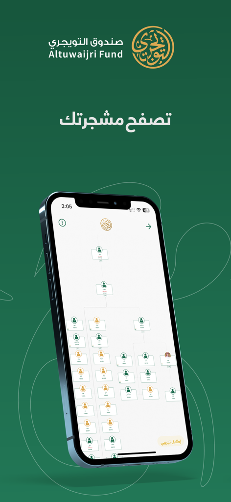 Tela de smartphone mostrando a árvore genealógica digital do aplicativo Al-Tuwaijri family fund.