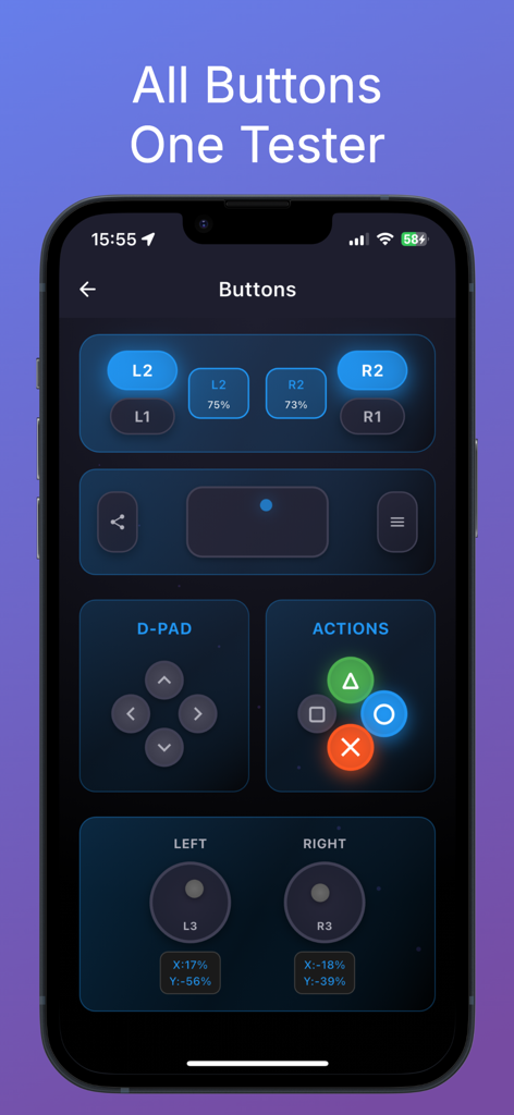 SensePad: Gamepad Tester - SensePad app interface showing real-time button and analog stick diagnostic tests for a gamepad