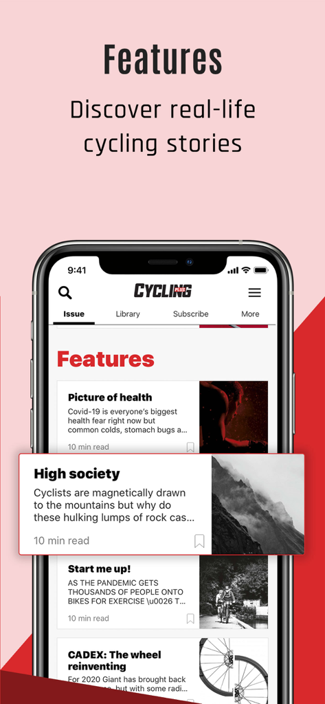 A mobile phone displaying the features page of the Cycling Plus Magazine app with various cycling articles.