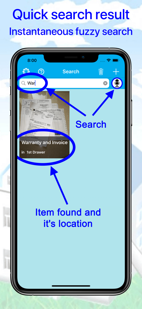 A screenshot of the Where is my stuff app showing an instant fuzzy search result for a warranty invoice found in a drawer.