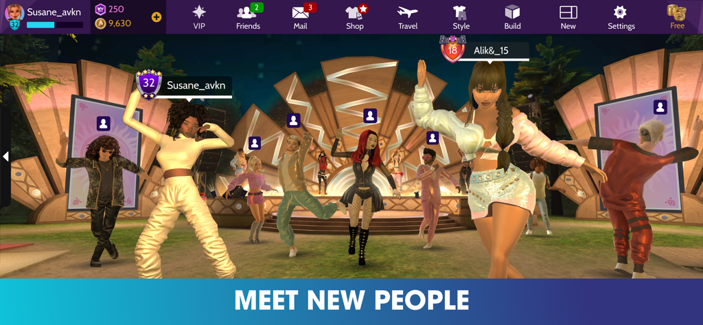 Grupo de elegantes avatares 3D bailando juntos en un escenario en un mundo social virtual.