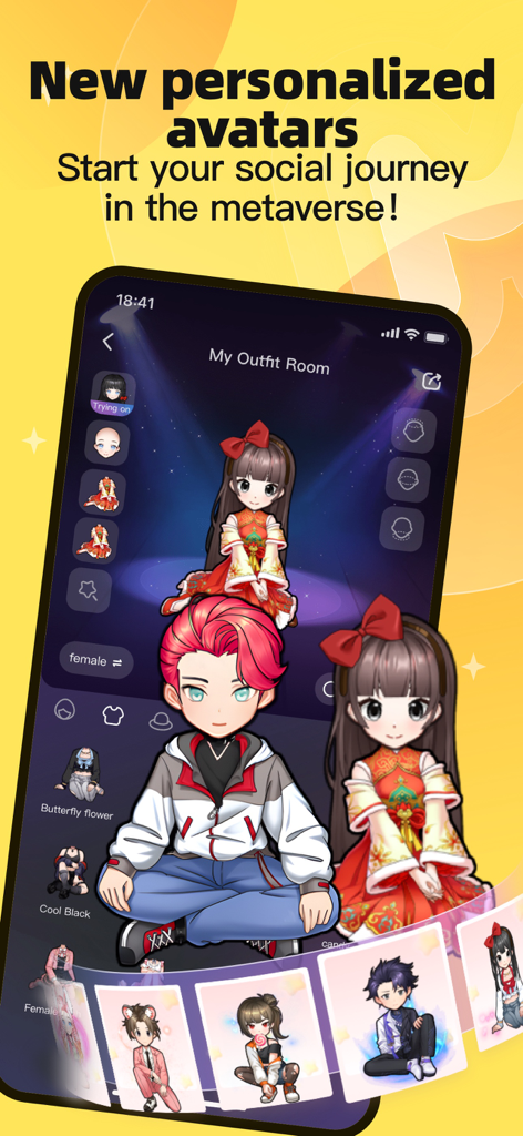 MIYA app interface showing personalized anime style avatars and character customization options