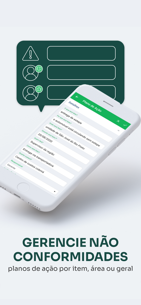 Smartphone screen displaying an action plan form for non-conformity management in the Checklist Facil app.