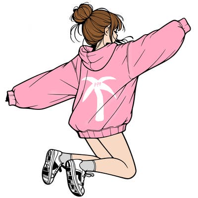 realistic girl jumping with a bun and oversized sweatshirt