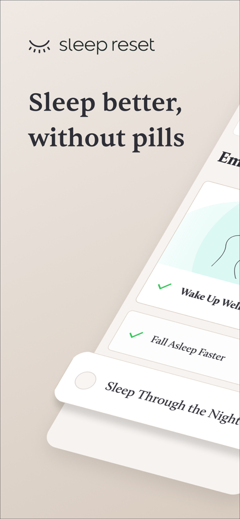 Sleep Reset: CBT for Insomnia - Sleep Reset app interface showing the slogan Sleep better without pills and a checklist of sleep improvement goals