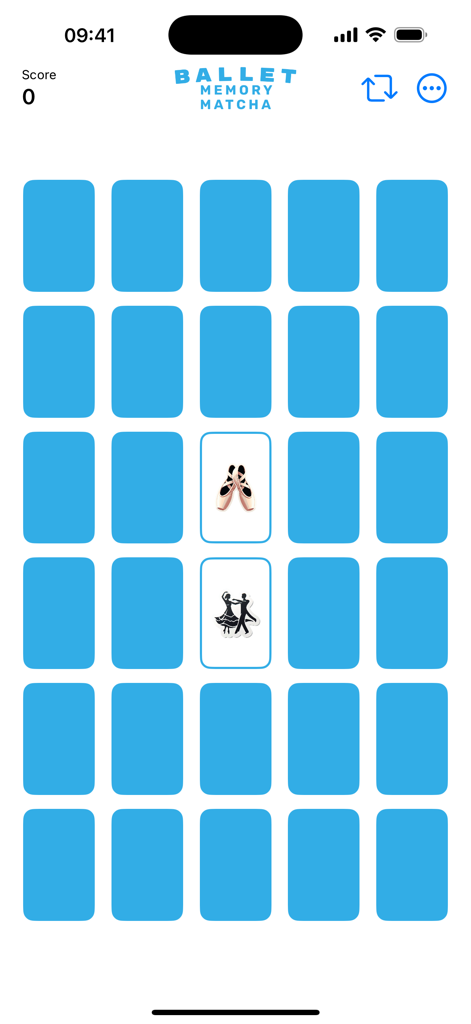 Memory Matcha - A ballet-themed memory matching game screen with a grid of cards and illustrations of pointe shoes and dancers.