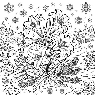 Explore the serene beauty of Madonna Lilies nestled within a peaceful winter wonderland. This unique coloring page offers a delightful blend of floral elegance and crisp snowy landscapes.