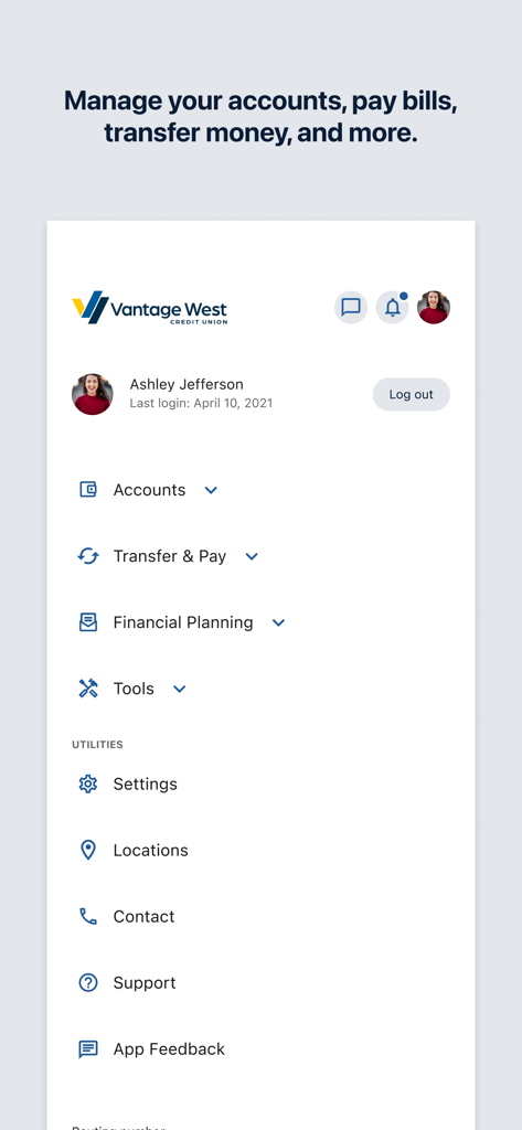 Main navigation menu of the Vantage West Credit Union mobile app showing account management tools and utilities.