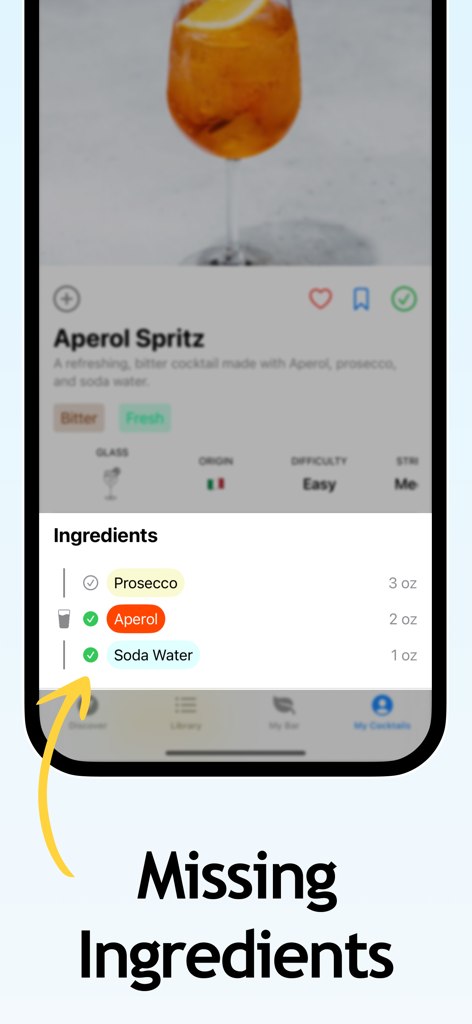 A screenshot of the Bart app showing an Aperol Spritz recipe and a checklist of required ingredients