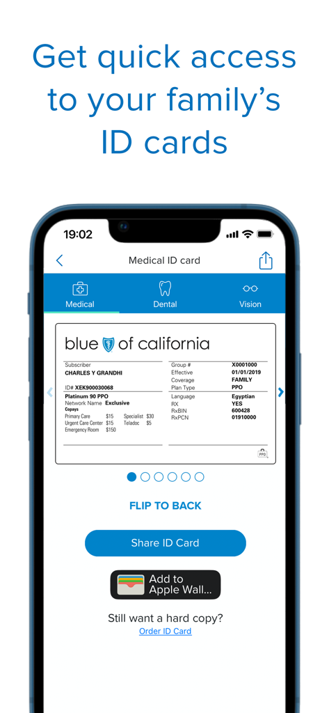 Pantalla de smartphone que muestra una tarjeta de identificación médica digital en la aplicación Blue Shield of California con opciones para compartir o agregar a Apple Wallet