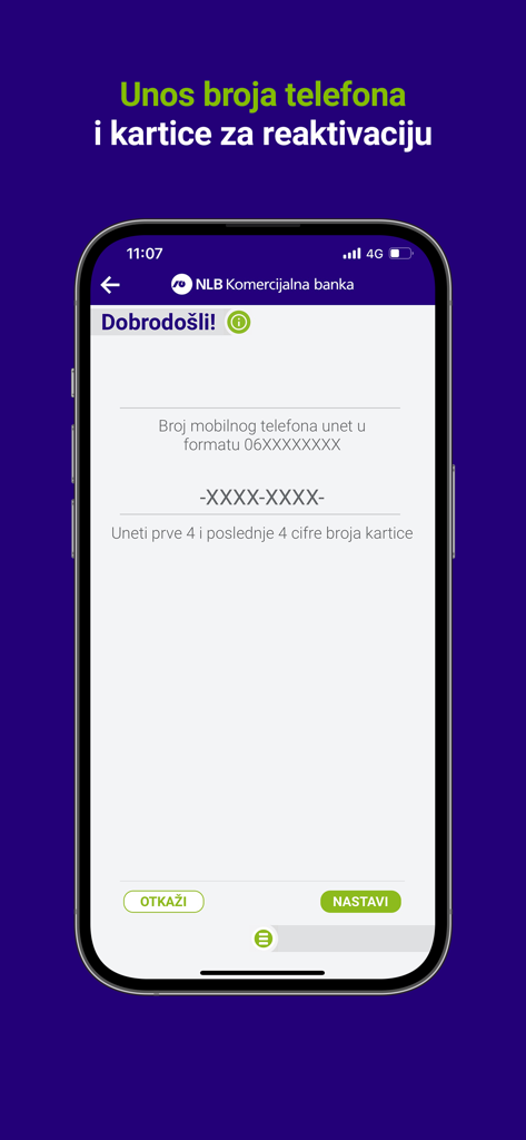 Tela do celular do aplicativo NLB mKlik mostrando o processo de reativação onde os usuários inserem seu número de telefone e dígitos específicos do cartão.
