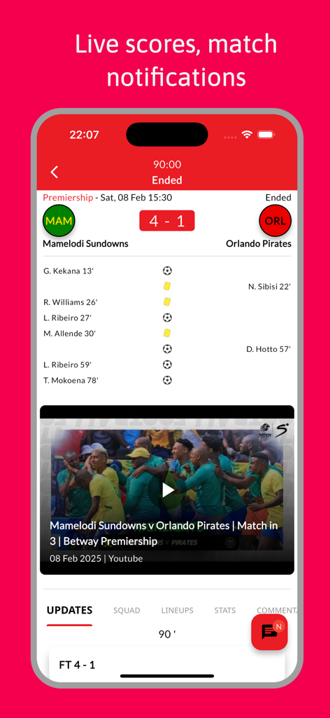 La aplicación Pirates Live muestra las puntuaciones y los momentos destacados de los partidos de fútbol.