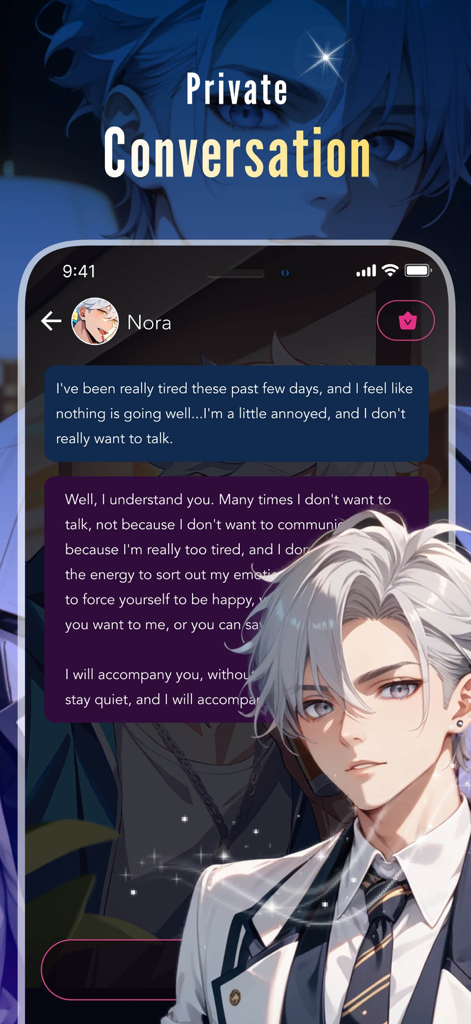 Spicy Chat AI - AI Roleplay - A private chat interface with an anime-style male AI character named Nora providing emotional support in the Spicy Chat AI app.