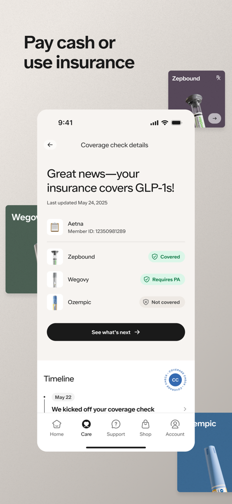 Ro: Online Healthcare - Ro app screenshot showing insurance coverage status for GLP-1 weight loss medications