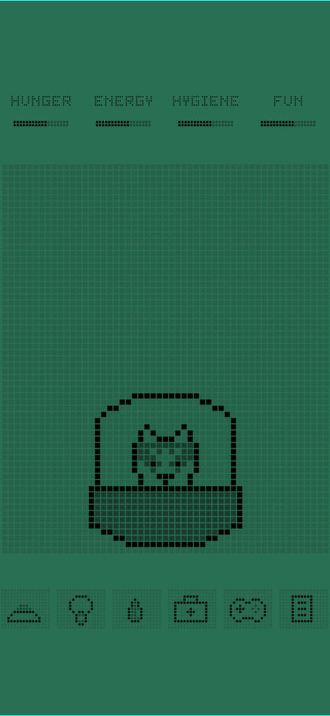 Retro 8-bit style virtual pet gameplay showing a pixelated puppy with status bars and action icons