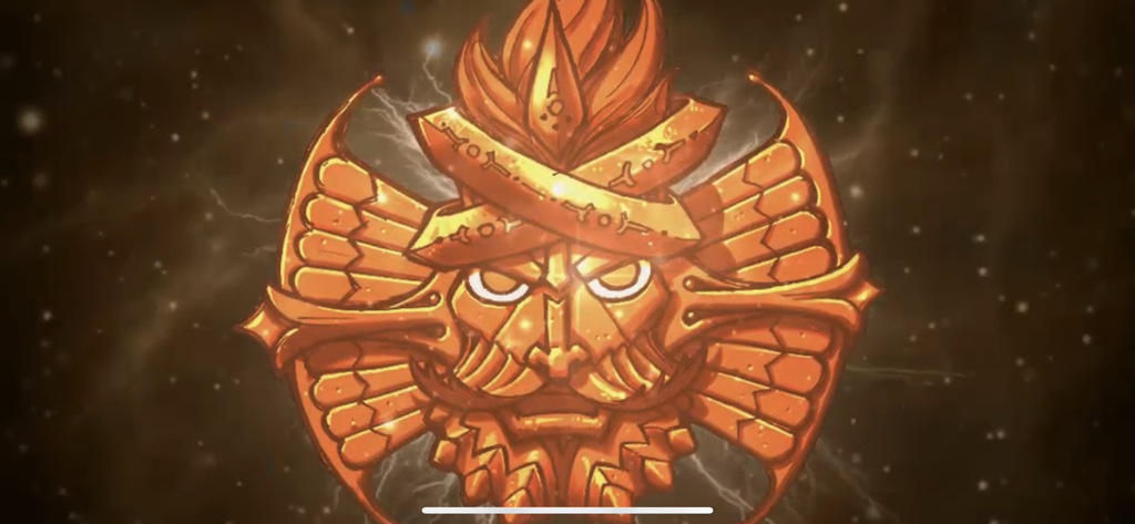 Golden galactic character emblem against a starry space background in Sound Storm app